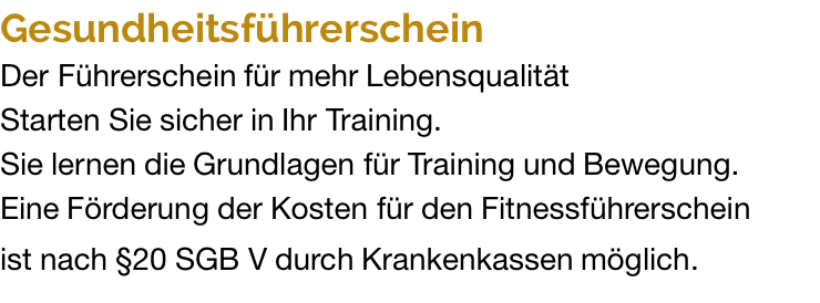 Gesundheitsführerschein Der Führerschein für mehr Lebensqualität Starten Sie sicher in Ihr Training.  Sie lernen die Grundlagen für Training und Bewegung. Eine Förderung der Kosten für den Fitnessführerschein  ist nach §20 SGB V durch Krankenkassen möglich.